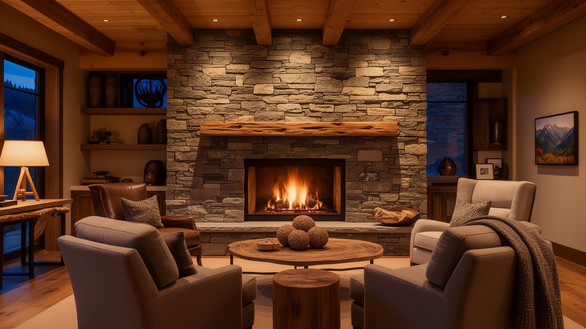 Cozy stone fireplace in a Montana home